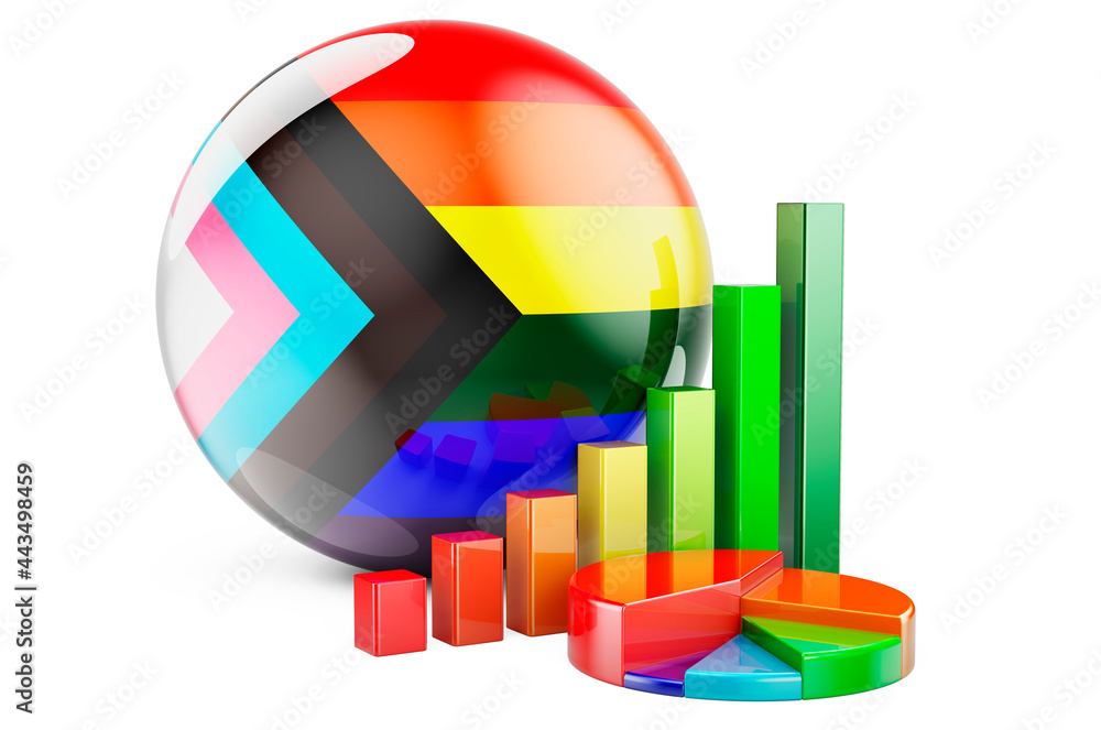 Poster modern pride flag with growth bar graph and pie chart. 3d rendering