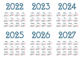 Simple english calendar 2022 - 2027 on white background. Vector illustration