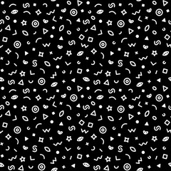 Memphis style white seamless pattern on black background. Abstract vector illustration with geometric elements, shapes.