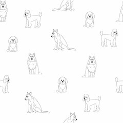 Seamless pattern with cute cartoon different breed dogs on white background. Vector contour illustration. 