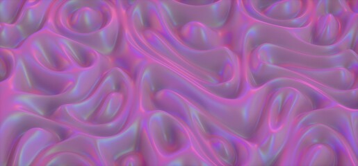 3D illustration of holographic surface made of polished chrome metal. Iridescent abstract background.