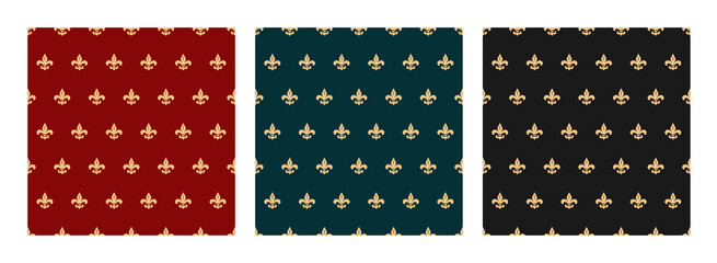 Luxury lily flower seamless pattern set. Isolated royal floral patterns in elegant colors : emerald, gold, red, black. Premium wallpaper, abstract vector illustration.