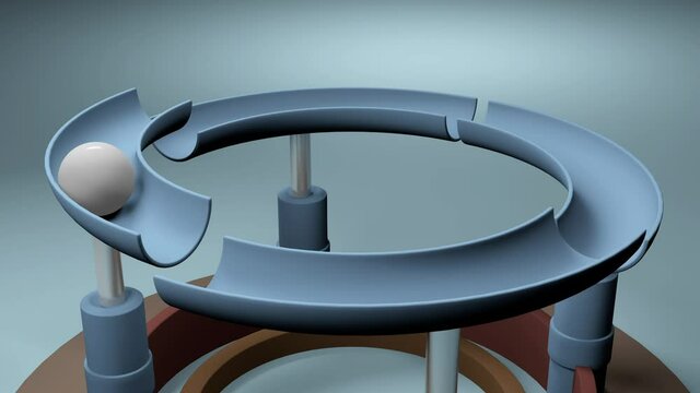 3D animation of a rolling tennis ball through five rising and falling grooves