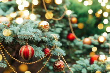 Red Christmas ball on a Christmas tree outside with bokeh. Mountain blue spruce.
