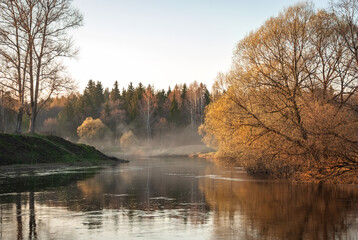 Spring evening landscape. River, clear blue sky, crowns of trees without leaves and fog.