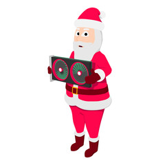 Cartoon Santa Claus with a graphics card. Santa Claus is holding an expensive and scarce video card for a computer.