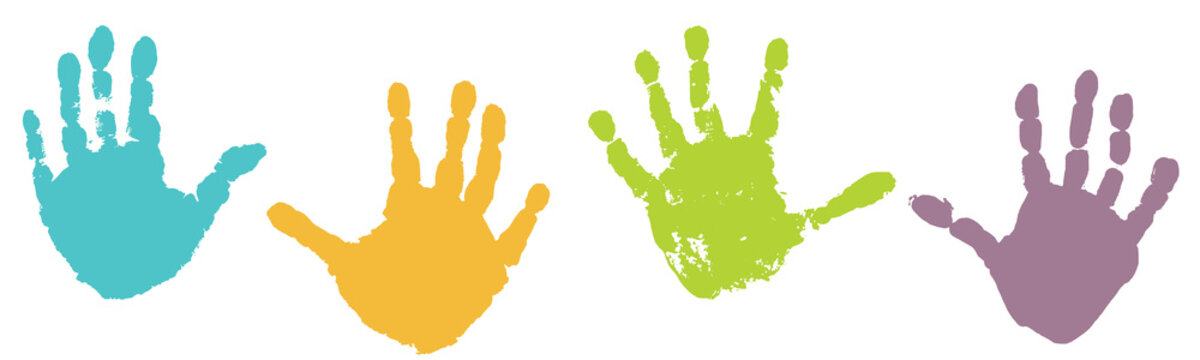 Handprints of palms of child, color set. Vector illustration.