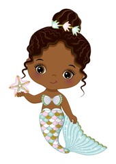 African American Cute Little Mermaid with Starfish
