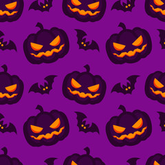 halloween seamless pattern with pumpkins and bats. dark silhouettes with glowing eyes. textile print. vector illustration.