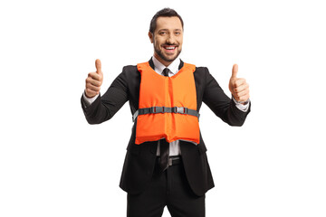 Businessman wearing an orange life vest and gesturing a thumb up sign