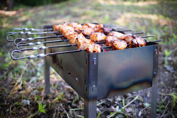 Fried kebabs on skewers and metal brazier, outdoor, close-up.