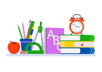 School supplies design. Books, chancellaria,copybook, globe. Vector fleet illustration.