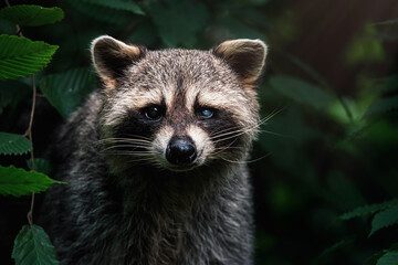 close up of a raccoon