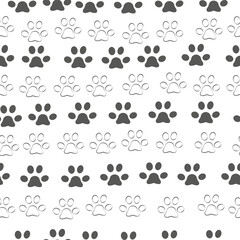 Fototapeta premium Cat paw seamless pattern, outline sketch print on white background
