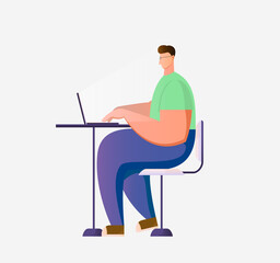 Man works on the computer. Work place. Vector illustration