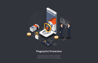 Vector Illustration, Cartoon 3D Style. Isometric Composition On Dark Background. Figerprint Personalization System, Account Verification Process, Finance And Information Protection Conceptual Design.