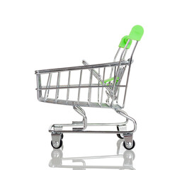 Supermarket shopping cart, miniature model, isolated on white background