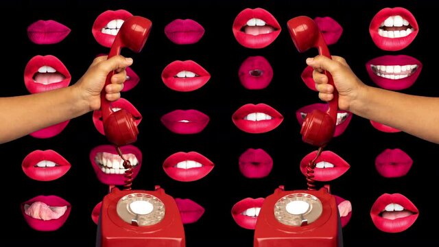 Lips talking on retro red telephone