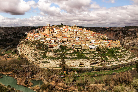 Panoramic of the village of Jorquera on the mountain and the river cabriel surrounding it