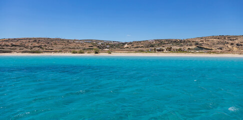Cyclades islands, Koufonisi sandy beach, clear transparent water, Greece.