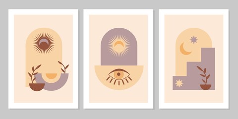 Set of abstract composition,   landscapes in arches with sunset,  sun, moon, leaf, gem in aesthetic, minimalist mid century style in natural earthy tones, terracotta, beige. Bohemian style wall decor.