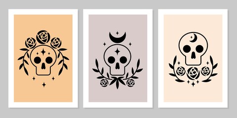 Set poster of skull magic symbols esoteric witch tattoos with crescent moon, rose flower, branch of leaves, star. Vector flat mystic vintage illustration. Design for poster, card, flyer, tarot