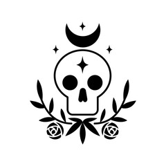 Skull magic symbols esoteric witch tattoos with crescent moon, rose flower, branch of leaves, star. Vector flat mystic vintage illustration. Design for poster, card, flyer, tarot