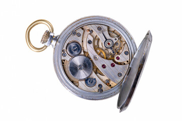 The inside of a spring-powered watch. Mechanism and gears in a portable timing device.