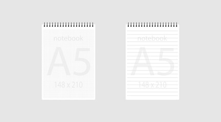 notebook a5 148x210. Realistic white blank notepad paper page template with lined and squared lines. Mock up cover for business memo diary and empty sketchbook with spirals.