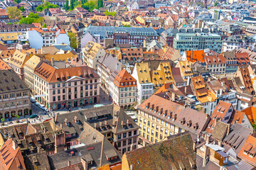 Skyline aerial view of Strasbourg old town, Grand Est region, France. Strasbourg Cathedral. View to...