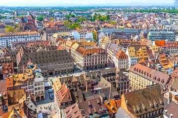 view to strasbourg building.Skyline panoramic aerial view of Strasbourg old town, Grand Est region, France. Strasbourg Cathedral. View to Place Gutenberg square