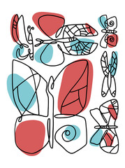 Butterfly linear set icon. Continuous one line art hand drawing style. Isolated on white background. Vector doodle illustration. Abstract modern design. A fashionable concept for a logo, card, print.