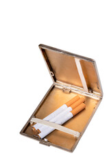 Metal cigarette case with cigarettes. A container for storing cigarettes for smoking.