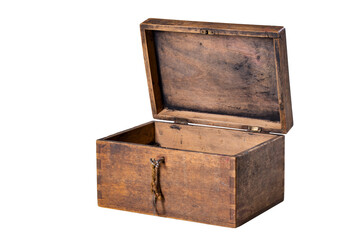 Lockable old wooden box. Container for storing small items with an open lid.