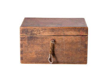 Lockable old wooden box. Container for storing small items with a closed lid.