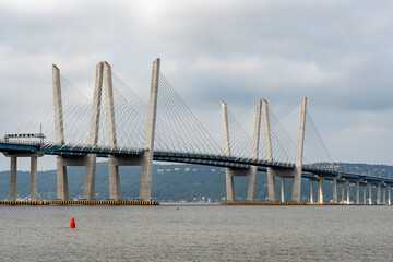 Tarrytown, NY - USA - July 5, 2021: Close up of the iconic Governor Mario M. Cuomo Bridge, is a twin cable-stayed bridge spanning the Hudson River between Tarrytown and Nyack.