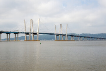 Tarrytown, NY - USA - July 5, 2021: Wide view of the iconic Governor Mario M. Cuomo Bridge, is a twin cable-stayed bridge spanning the Hudson River between Tarrytown and Nyack.
