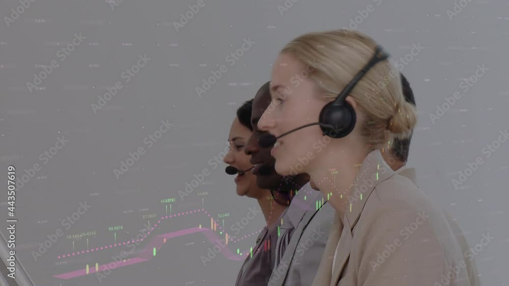 Poster animation of data processing over business people using phone headsets
