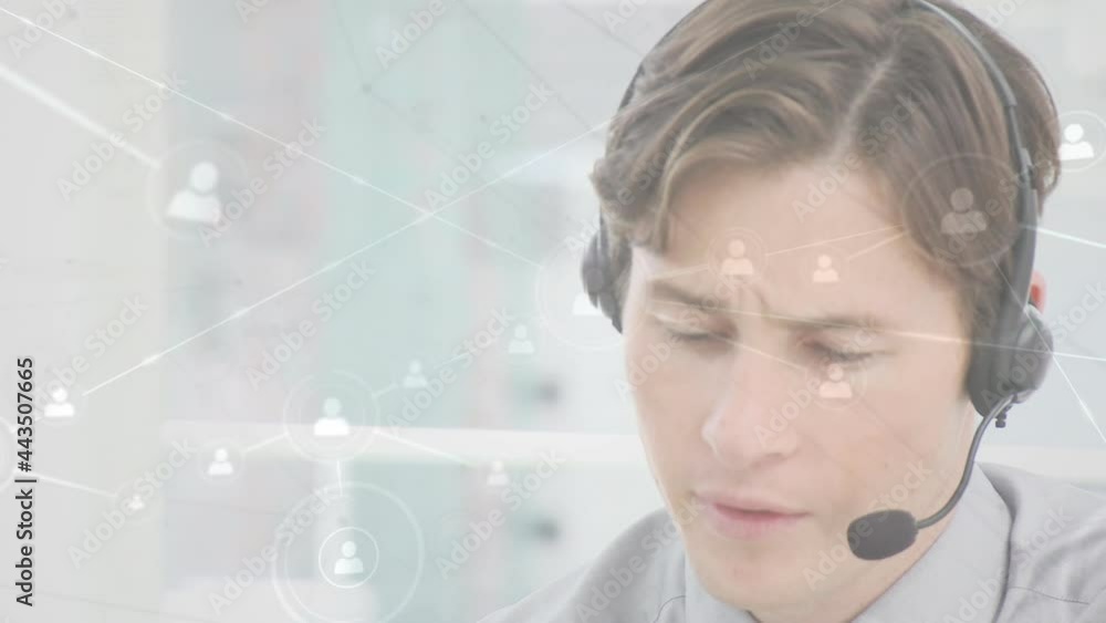 Poster animation of networks of connections with icons over businessman using phone headsets