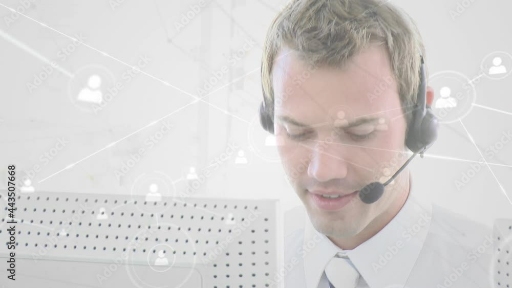 Poster Animation of networks of connections with icons over businessman using phone headsets