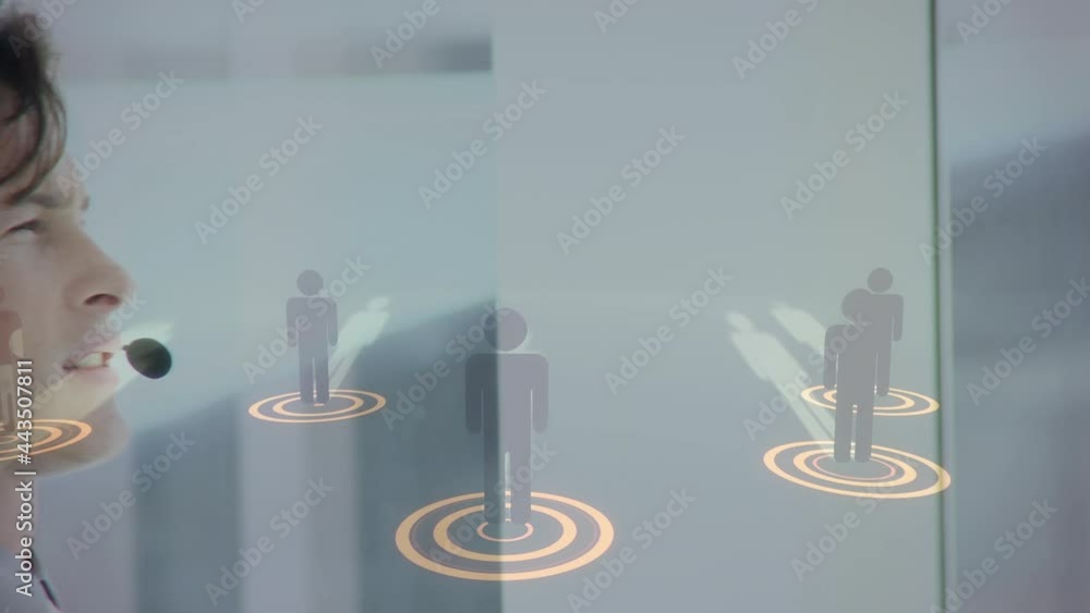 Poster animation of networks of connections with icons over businessman using phone headsets