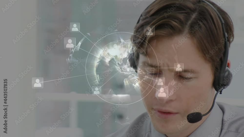 Poster animation of networks of connections with icons over businessman using phone headsets
