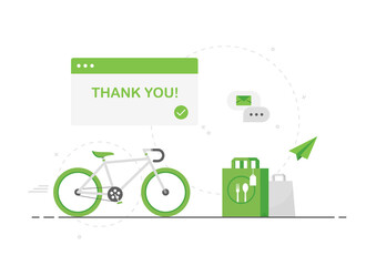 Fast food delivery bike. Courier with his vehicle. Contactless order. Eco friendly. Green. Flat design. Eps 10