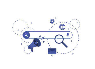 Web search page. Web window on white background. In flat design vector illustration. Browser with search bar field and search button. Blue. Eps 10