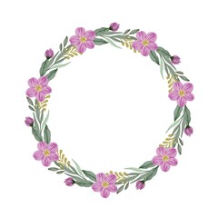 Obraz na płótnie Canvas circle frame with pink flower and green leaf border, purple wreath