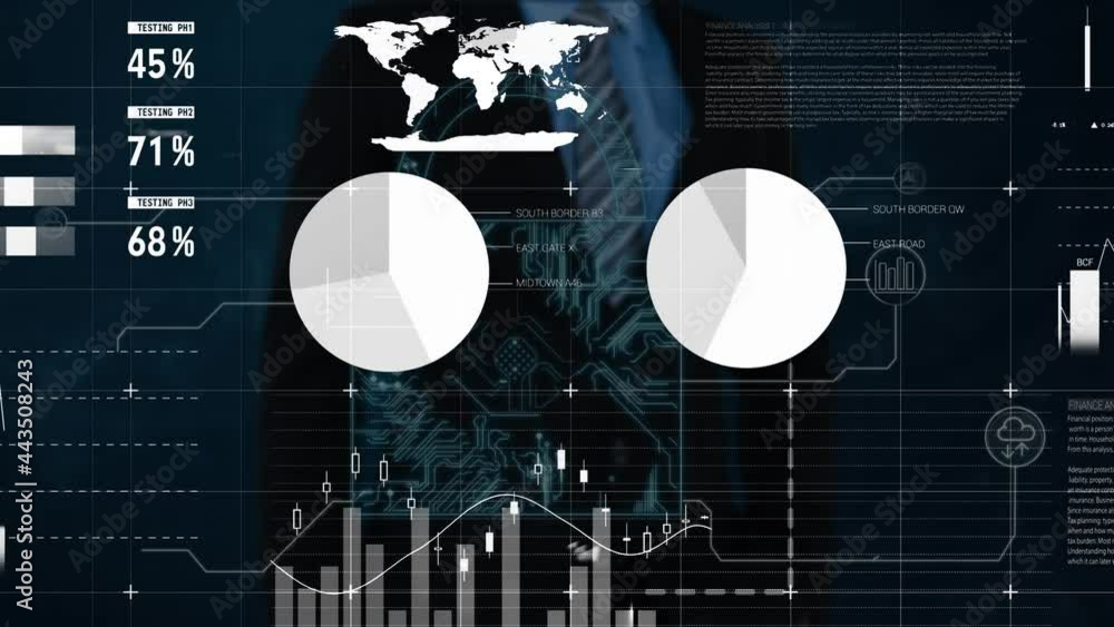Poster animation of data processing and statistics on screen over online security padlock