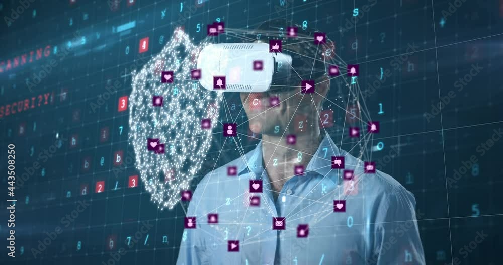 Poster animation of data and security icons over businessman using vr headset