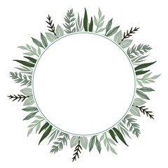 circle frame with pale green leaf border for greeting and wedding card