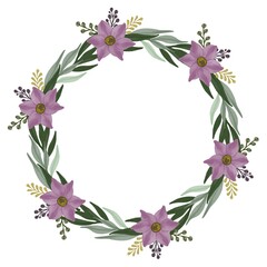 circle green leaf frame with purple flower border, purple wreath
