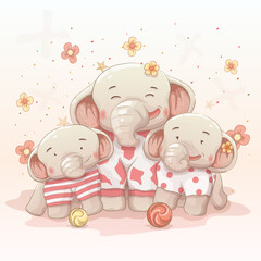 cute happy elephant family celebrate christmas and new year together. vector hand drawn cartoon art style